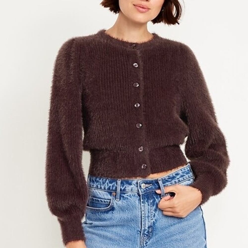 Old Navy (L) Deep Purple Eyelash Knit Cropped Cardigan Sweater Fuzzy Y2K